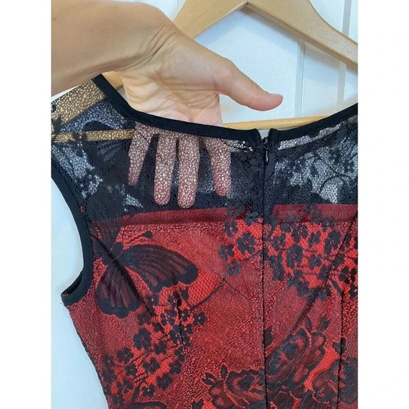 Kenancy NEW Whimsigoth Dark Fairycore Dress Sz L Red Black Lace Rose Butterflies - Picture 11 of 16